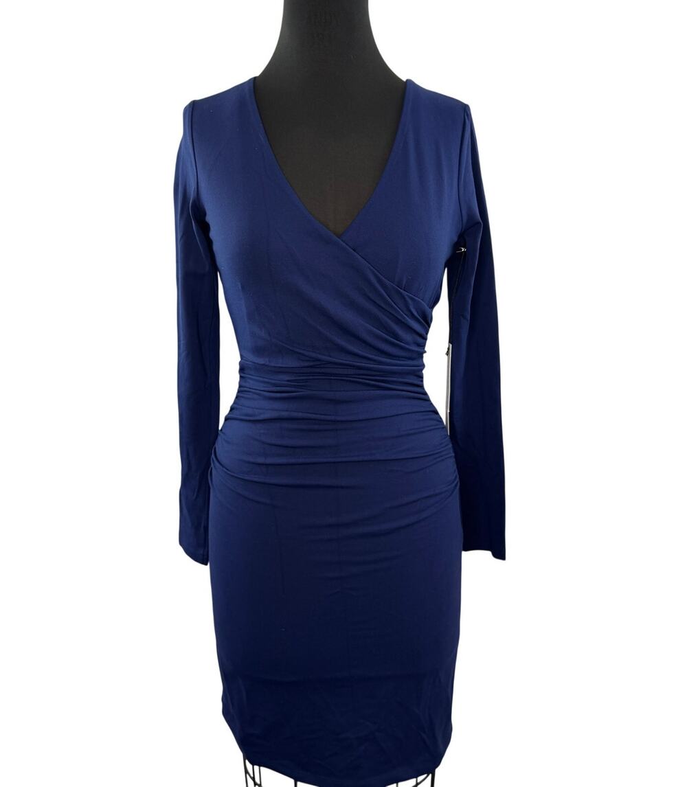SUSANA MONACO Inkwell Blue Devon Dress Ruched Long Sleeve Career S Small NEW